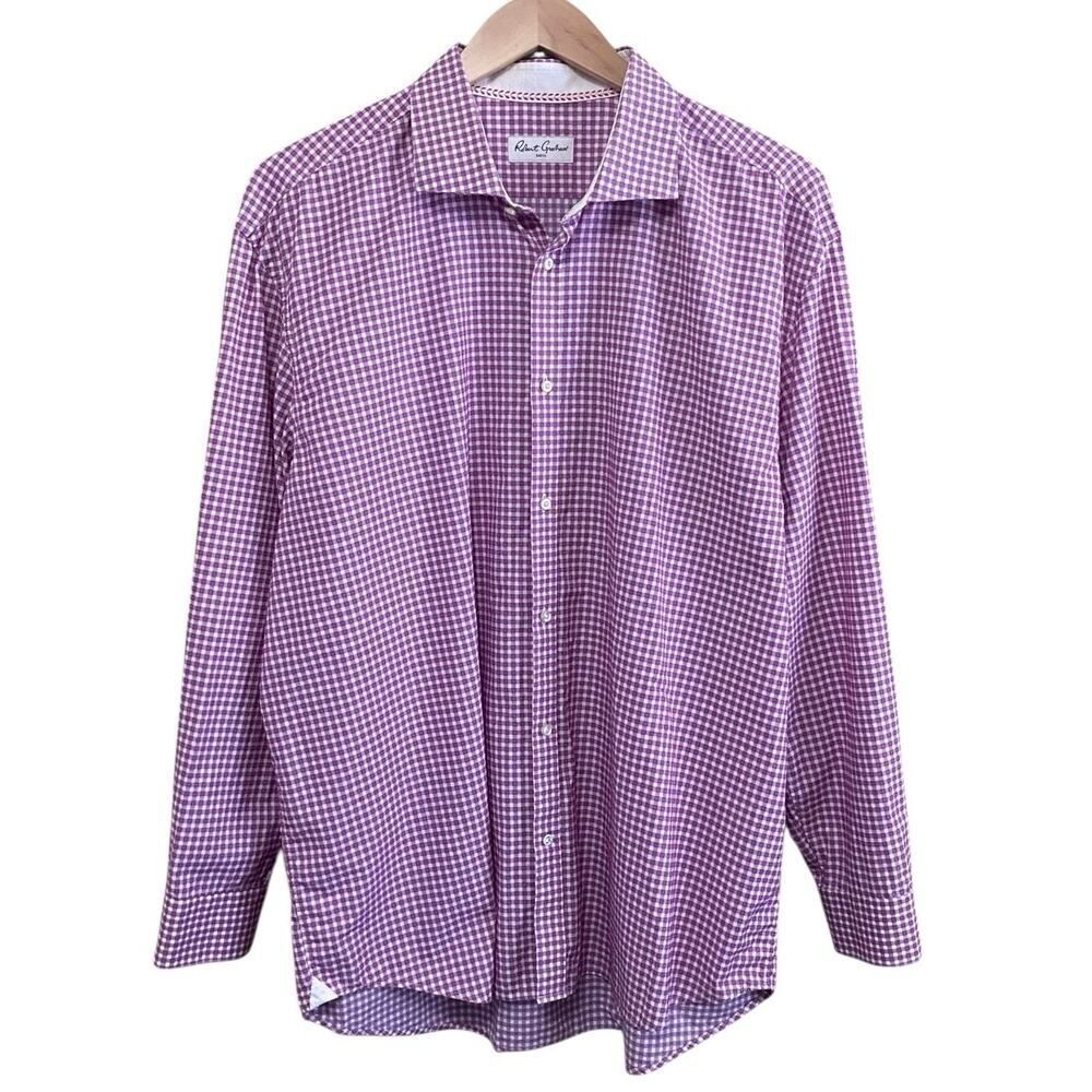 Robert Graham Mens 2XL (47/18.5) Purple White Gingham Textured Button Up Shirt